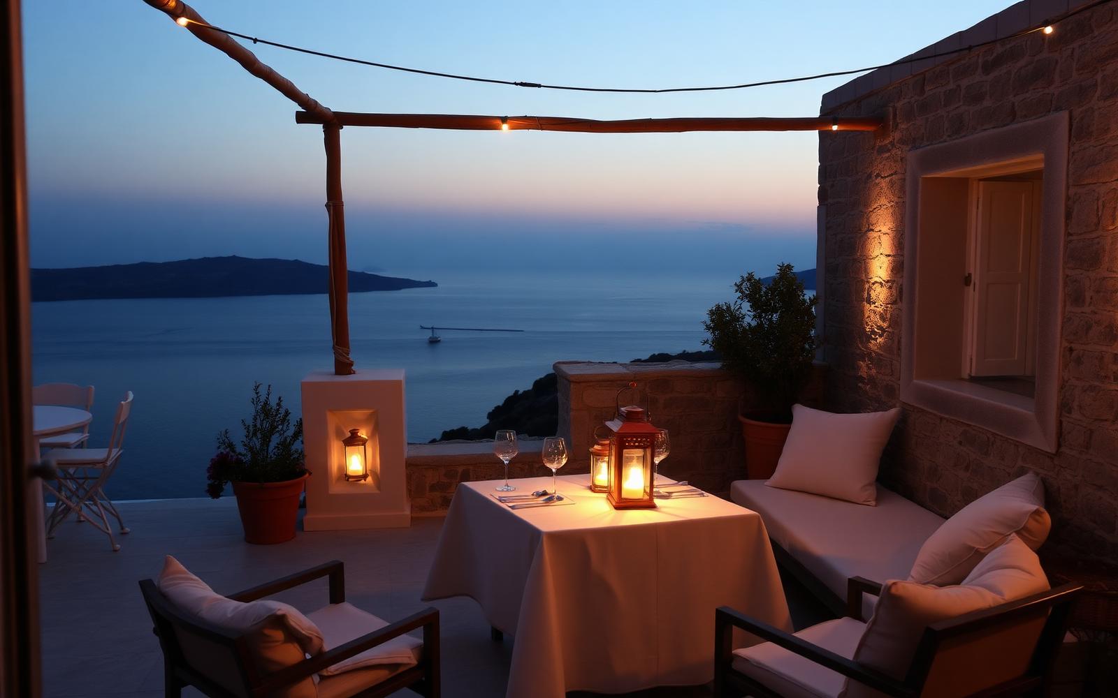 A candlelit terrace of a small Greek boutique hotel at dusk, sea beyond