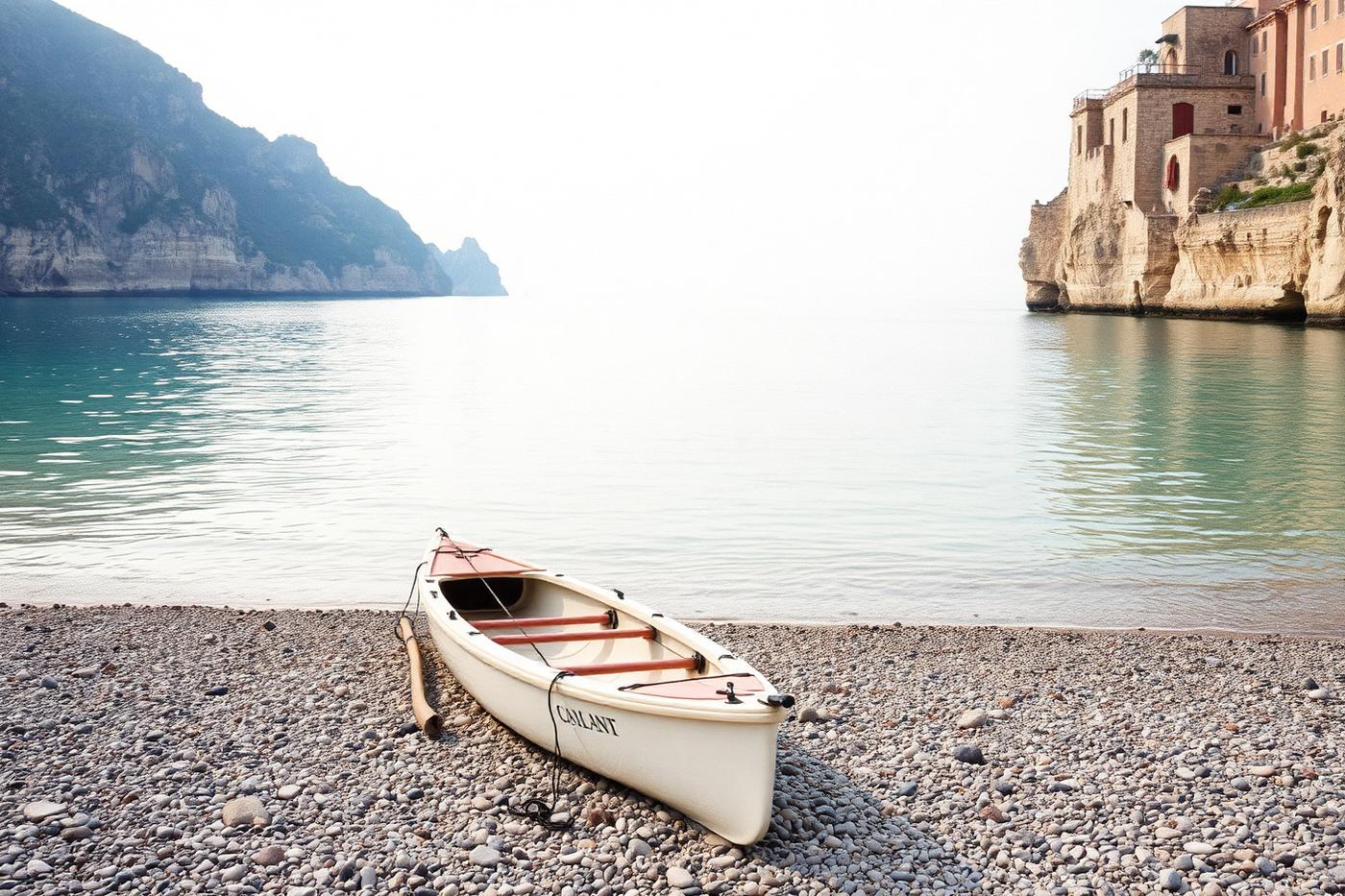 A sea kayak drawn up on a remote Greek pebble shore