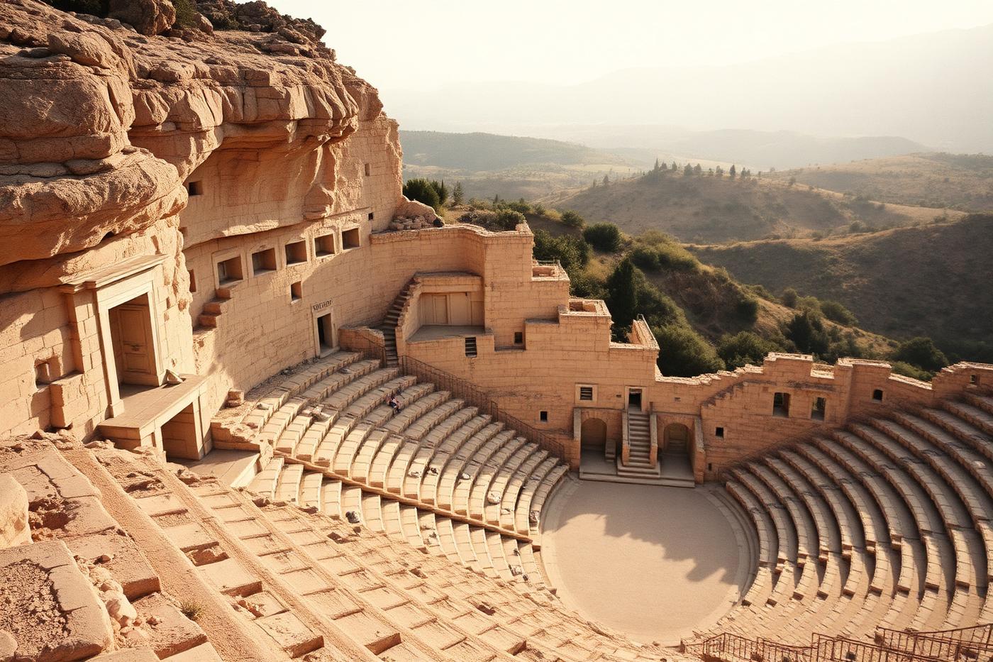 An ancient Greek stone theatre carved into a hillside above olive country