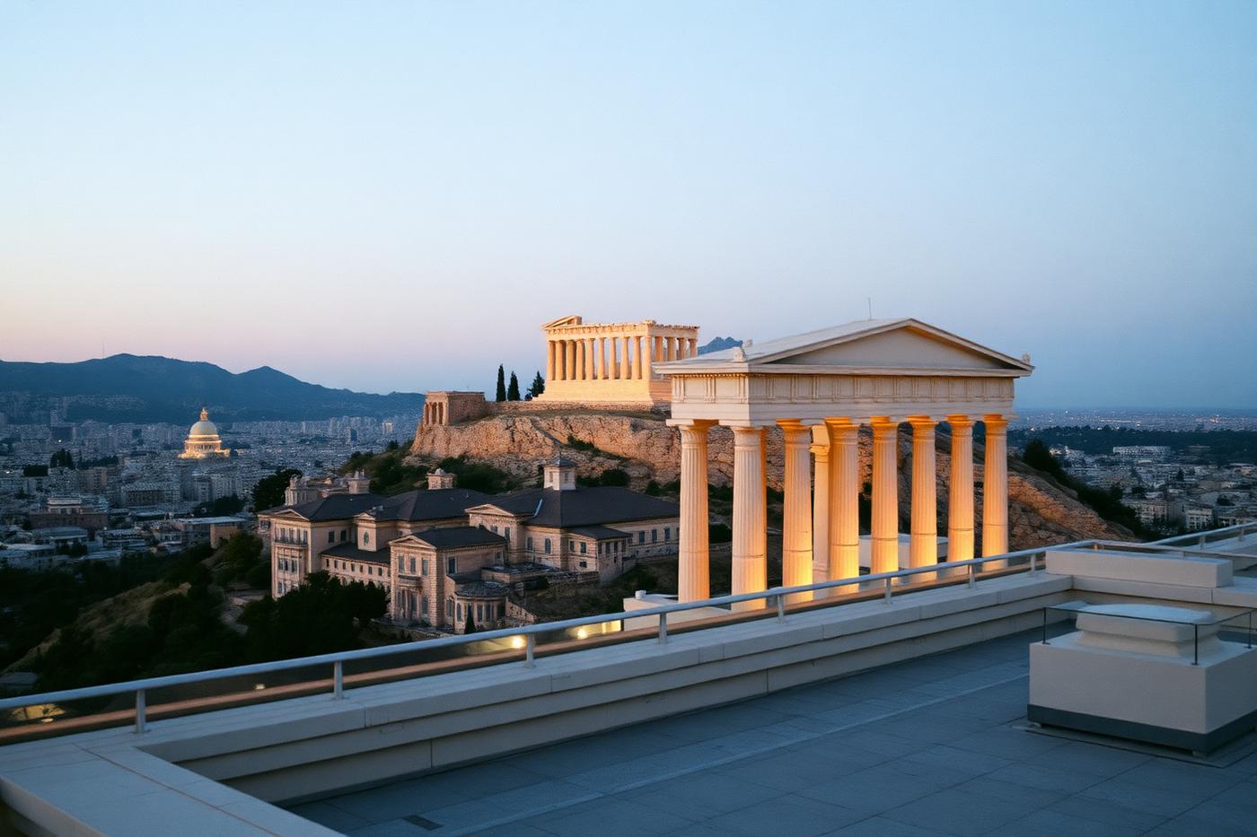 The lit Acropolis seen from a rooftop terrace in Athens at dusk