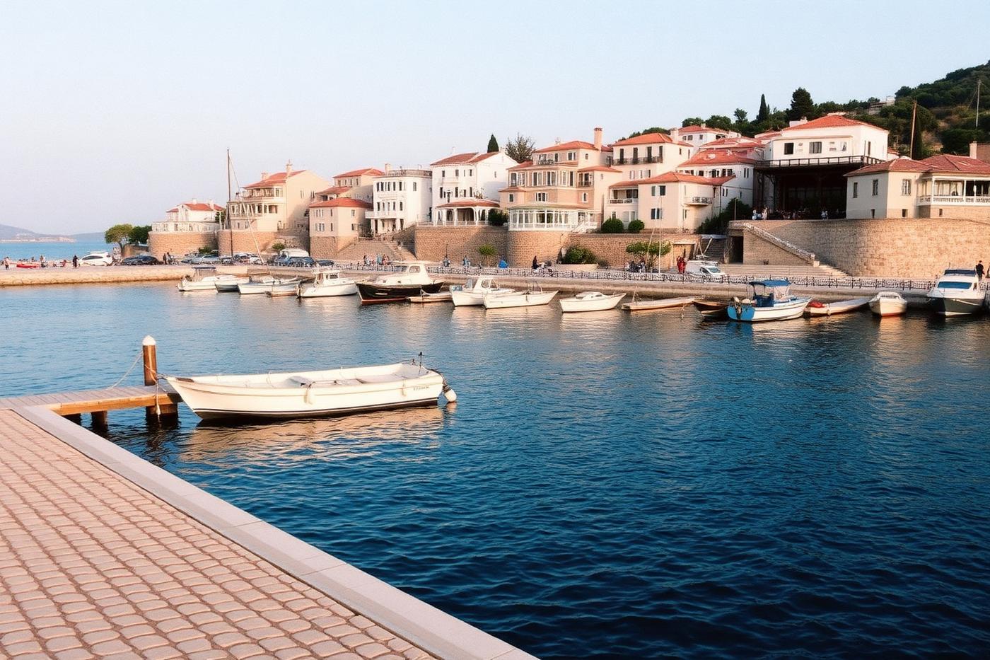 Stone houses above a sheltered harbour on a Saronic island