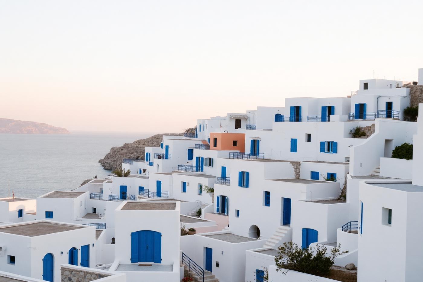 Whitewashed Cycladic village on cliffs above a still Aegean sea at first light
