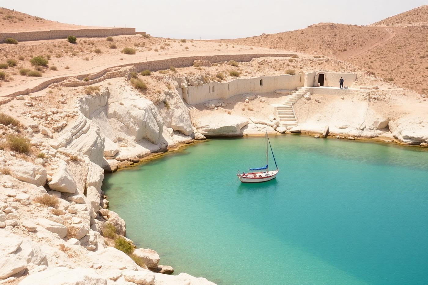 White volcanic rock formations meeting deep blue water on a quiet Cycladic shore