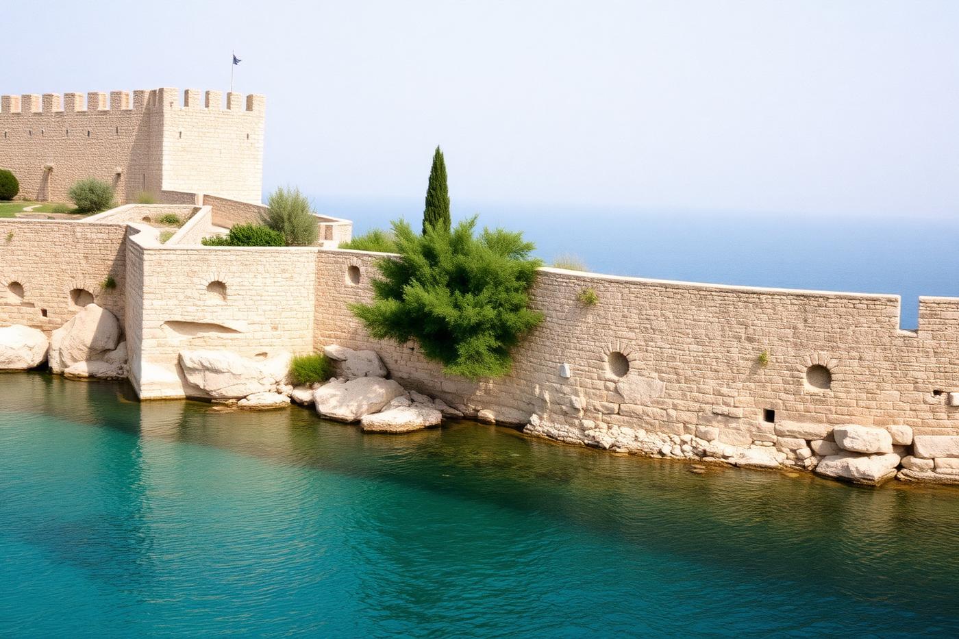 Neoclassical harbour houses in ochre and white rising above a Dodecanese port