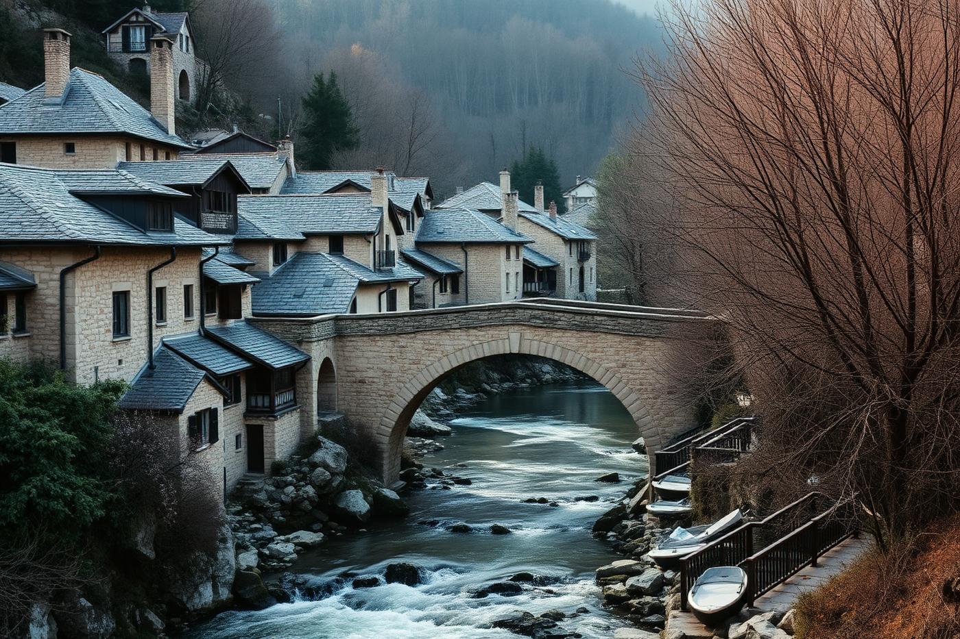 Arched stone bridge over a river beside a slate-roofed Zagori village
