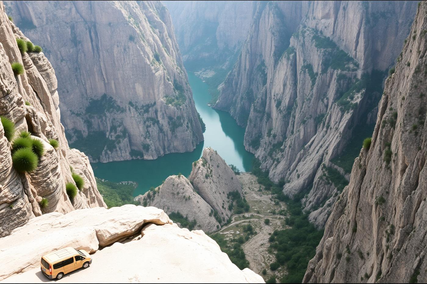 The limestone walls of the Vikos gorge falling to a green river floor