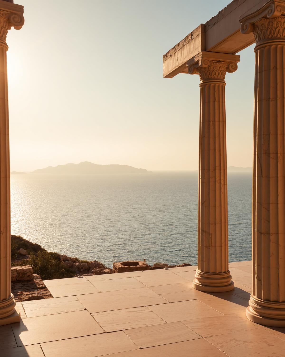 Marble colonnade above a calm Aegean sea at golden hour
