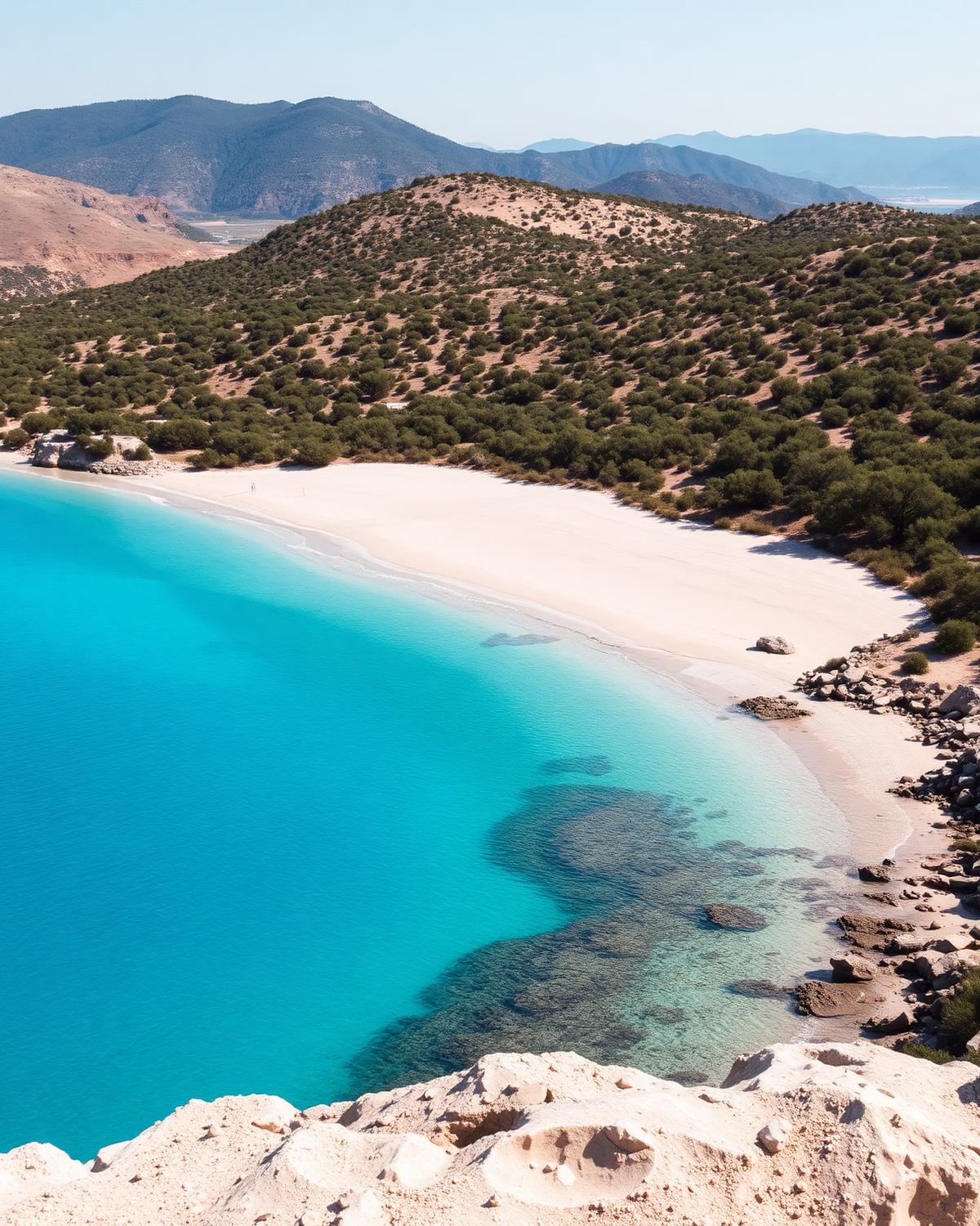 Turquoise lagoon and pale sand beneath olive-covered hills in western Crete