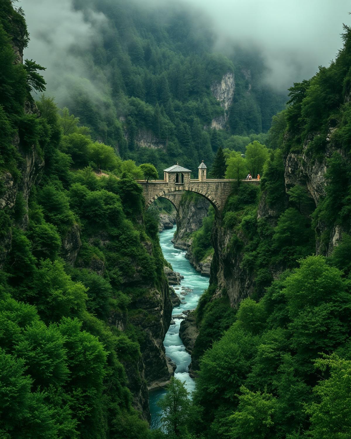 Arched stone bridge over a river running through a green gorge in Zagori