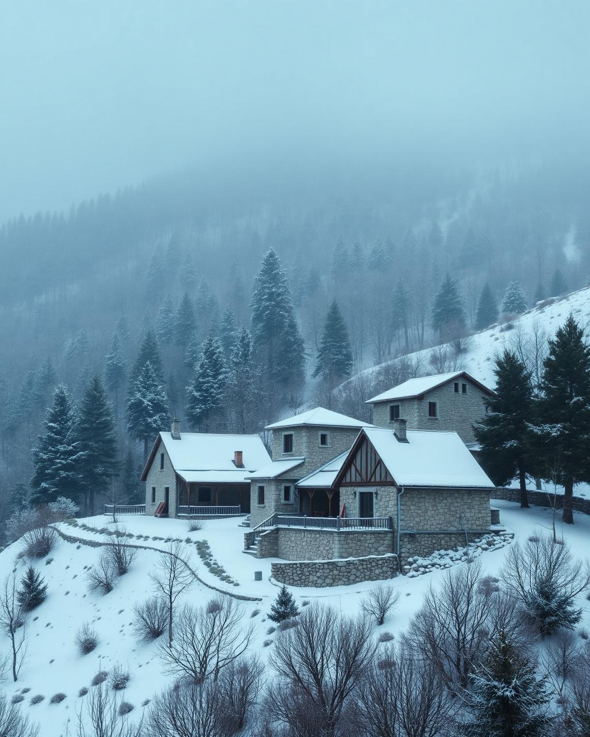 Stone mountain guesthouses under snow with fir forest behind