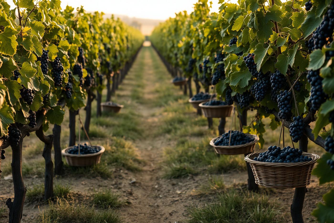 Old vine rows and baskets of dark grapes at harvest in northern Greece