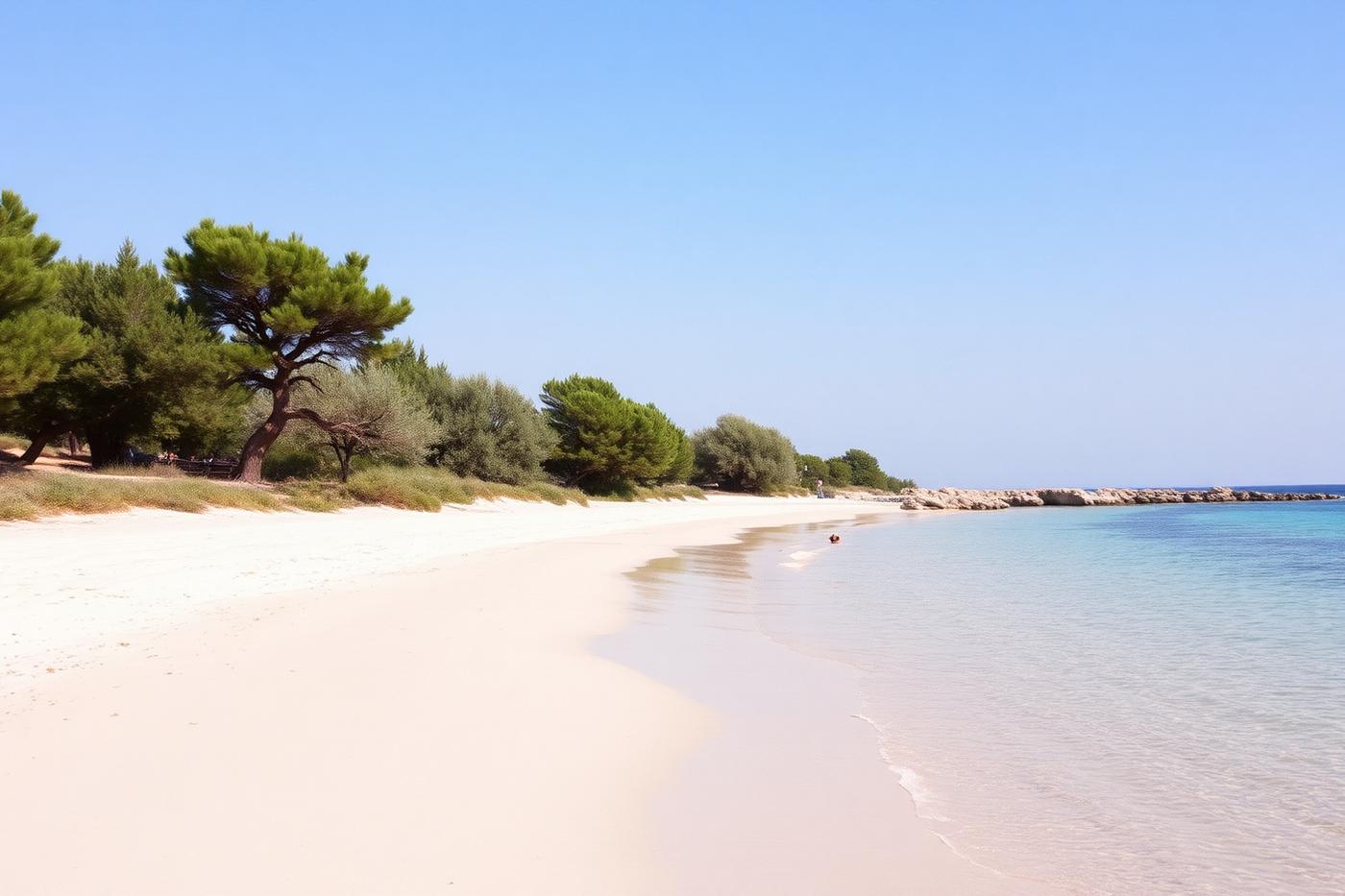 Pine-fringed pale sand and clear shallow water on the Halkidiki coast