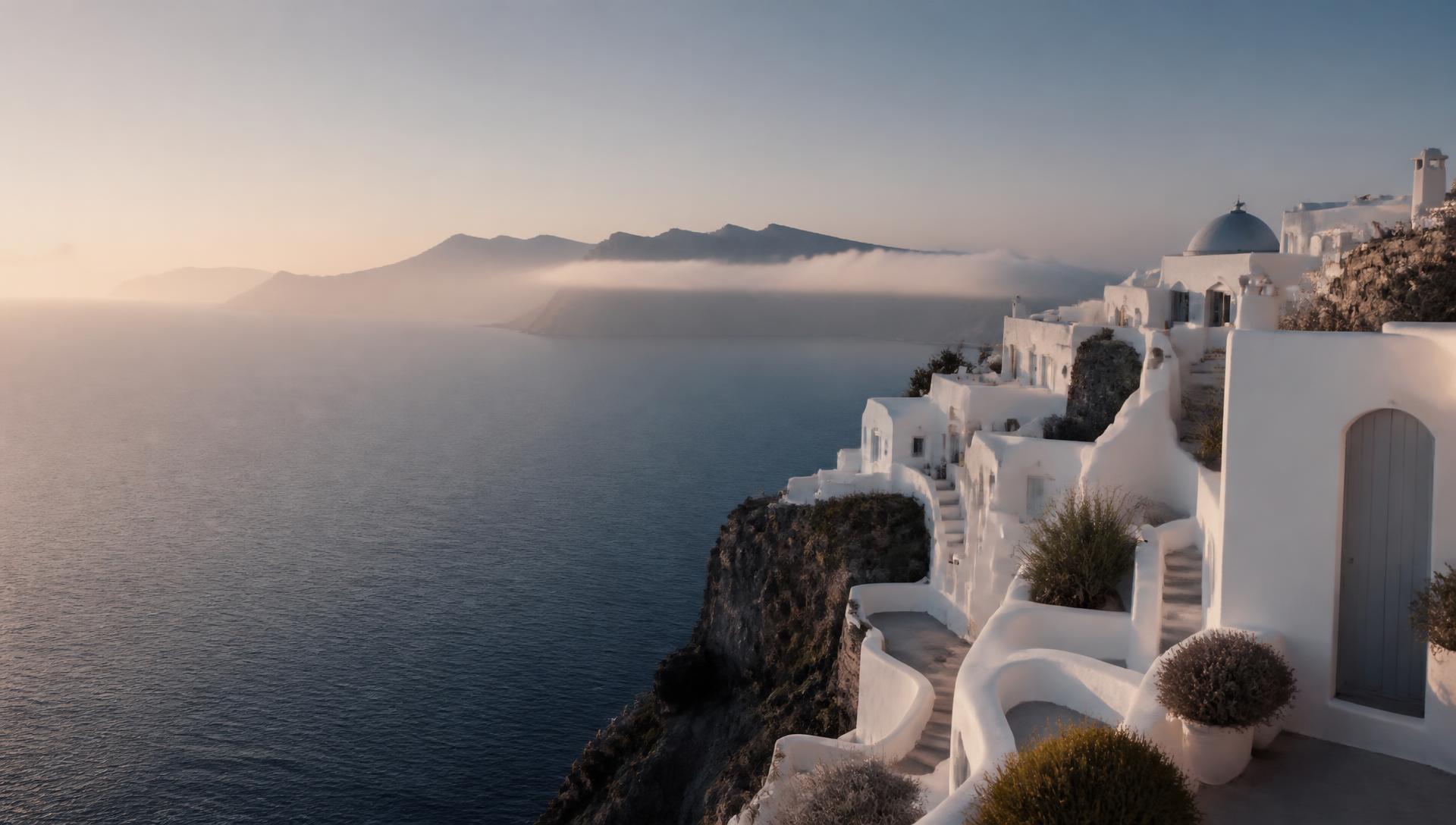 A whitewashed Cycladic village on cliffs above a still Aegean sea at first light