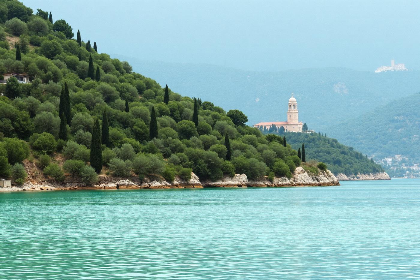 Cypress and olive hills falling to a clear green-blue Ionian bay