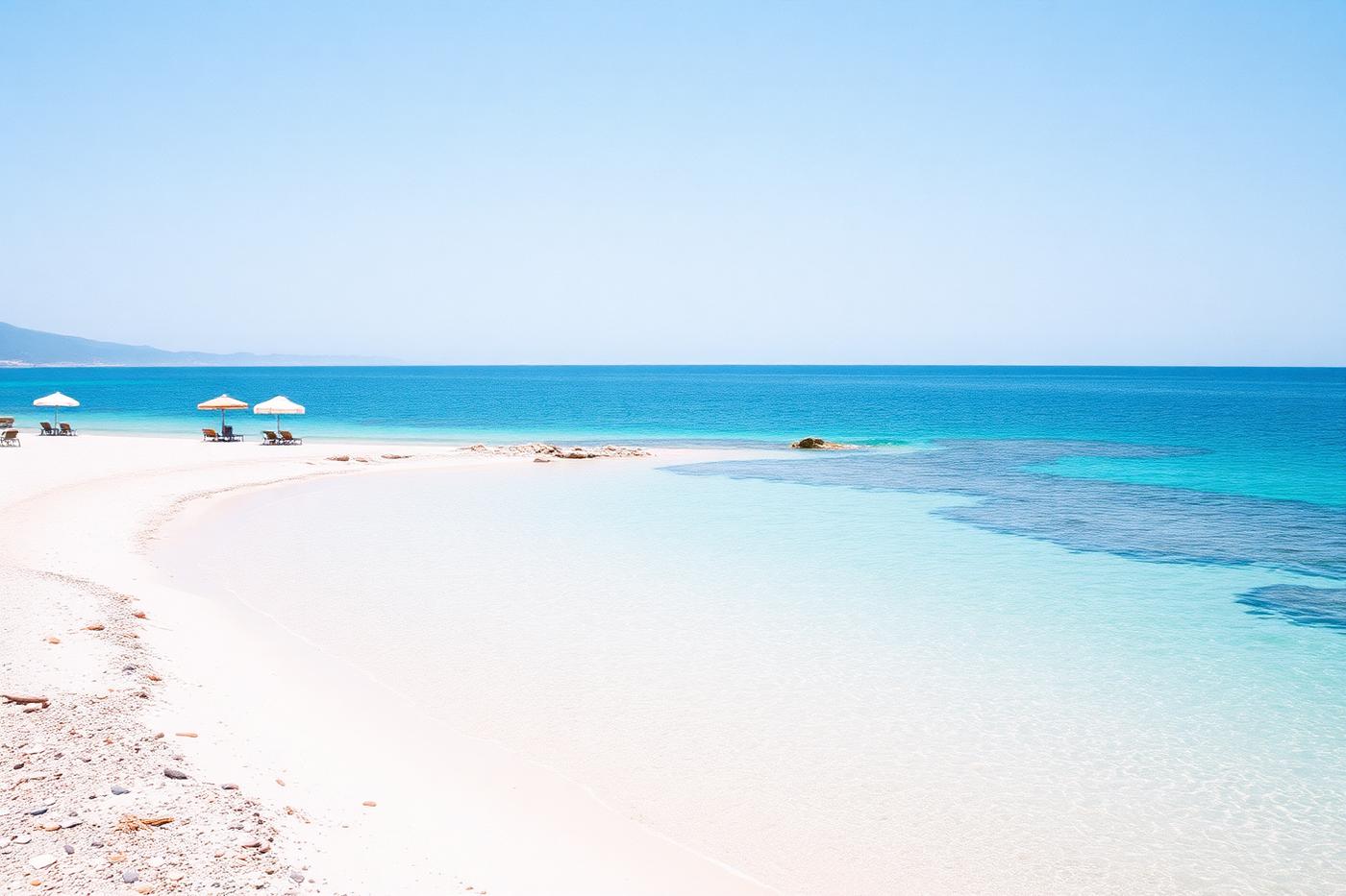 An empty island beach of pale sand and clear turquoise water