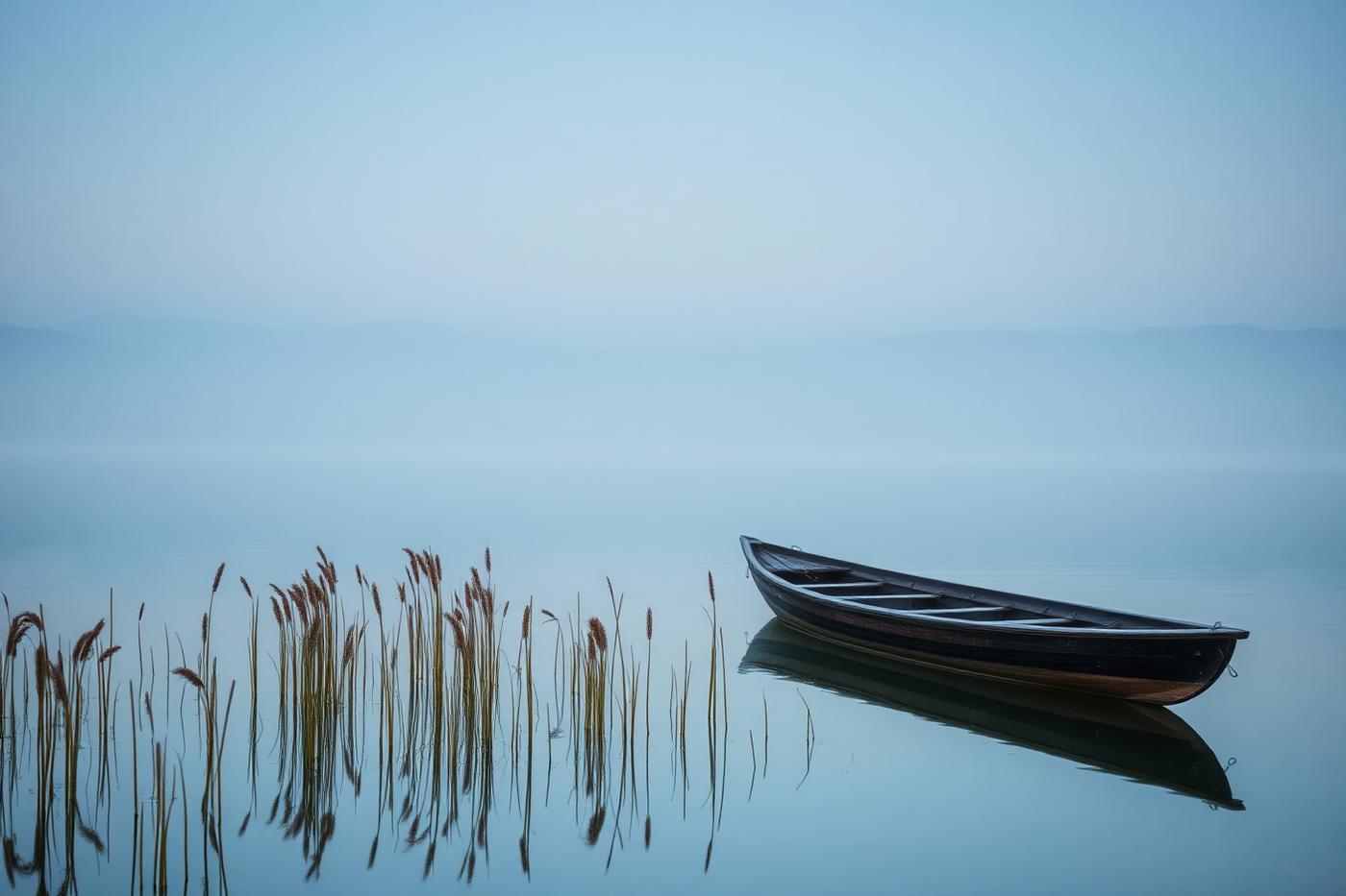 Reeds and a wooden boat on a still northern Greek lake at dawn