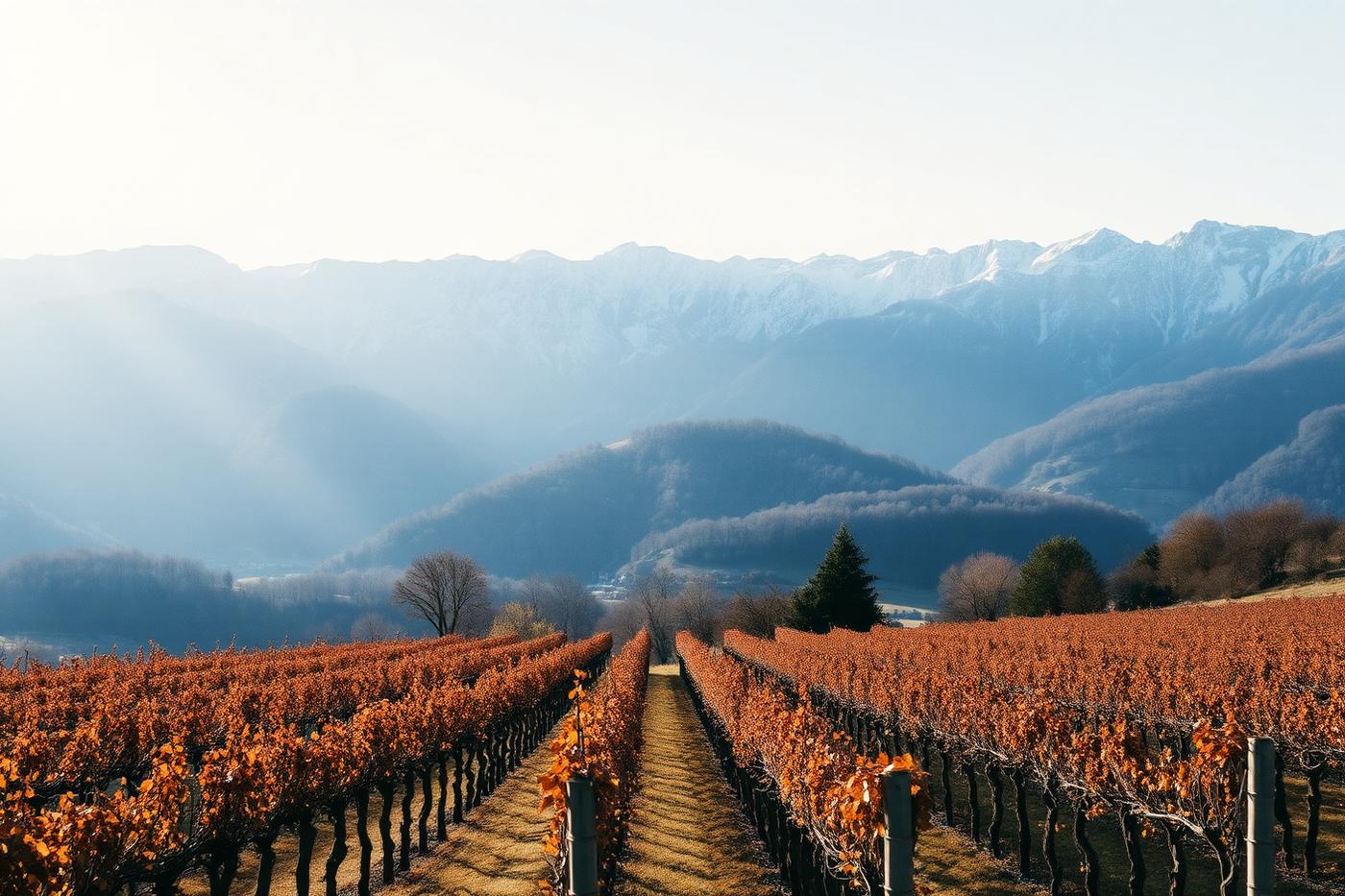 Vineyard rows in autumn colour below snow-dusted northern mountains