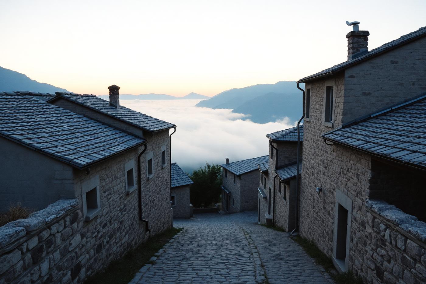 A stone mountain village at dawn with mist filling the valley below