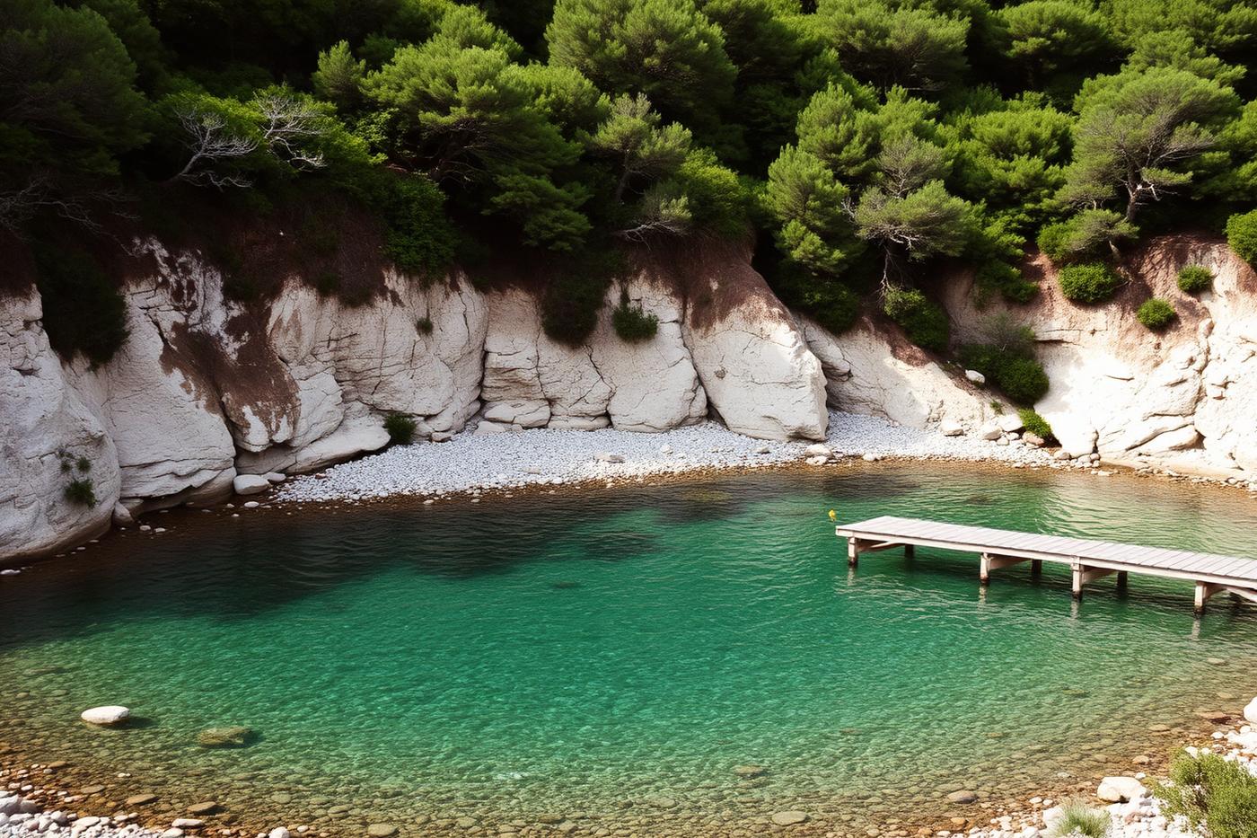 A pebble cove and wooden jetty below wooded cliffs on the Pelion coast