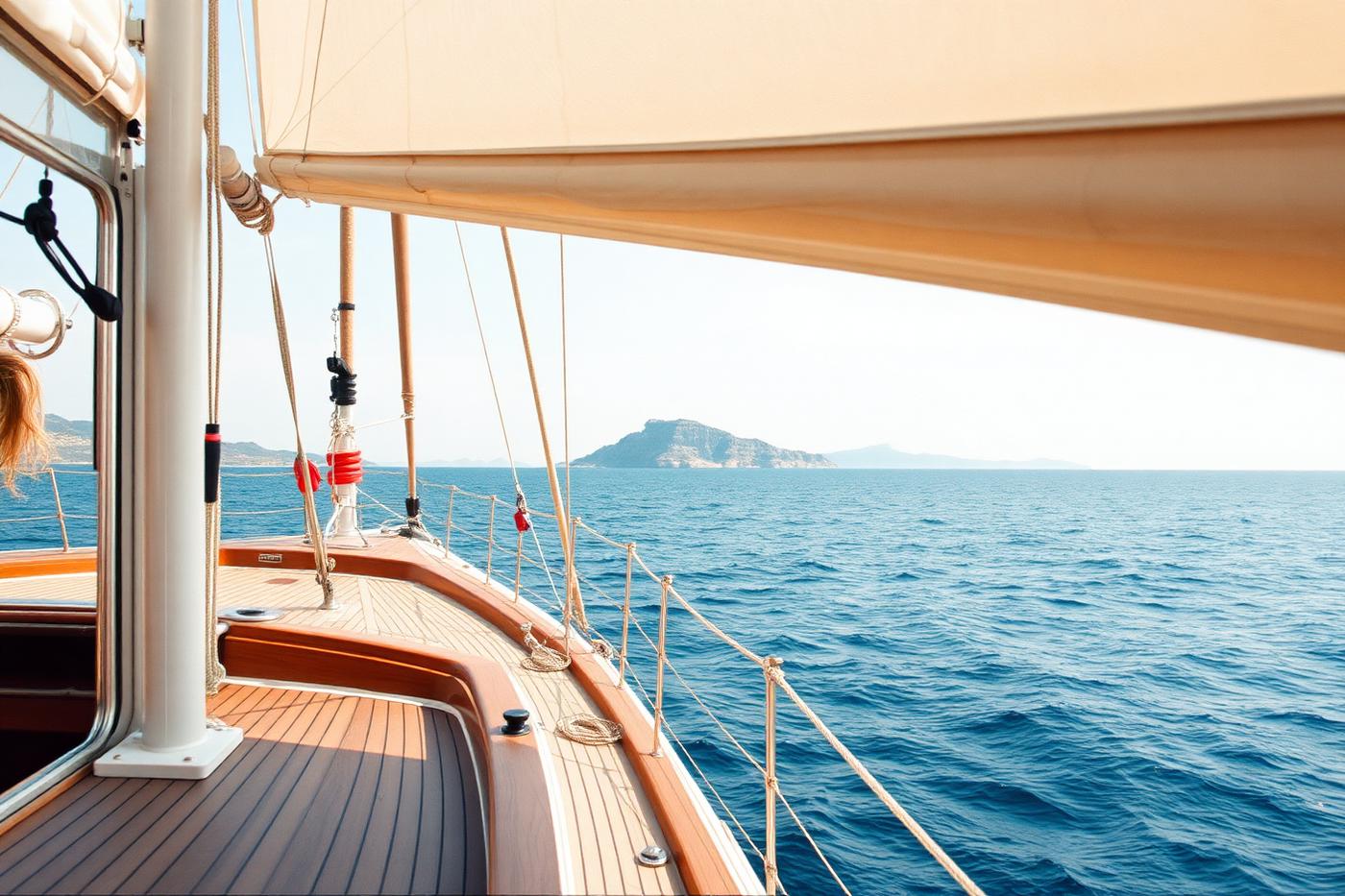 The teak deck and sail of a yacht under way in the open Aegean