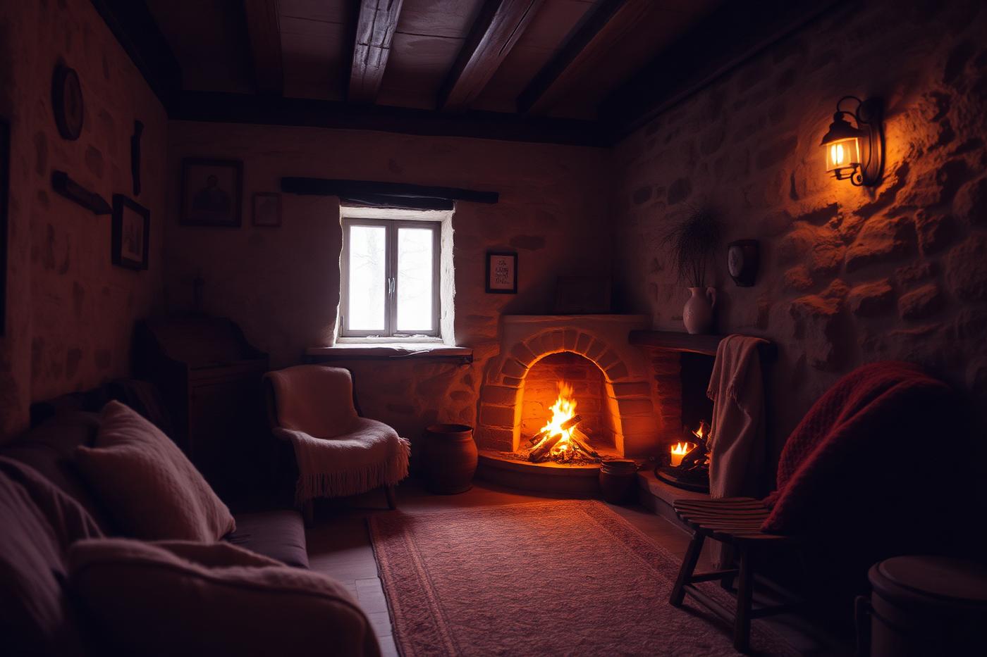 An open fire in a stone mountain guesthouse with snow at the window